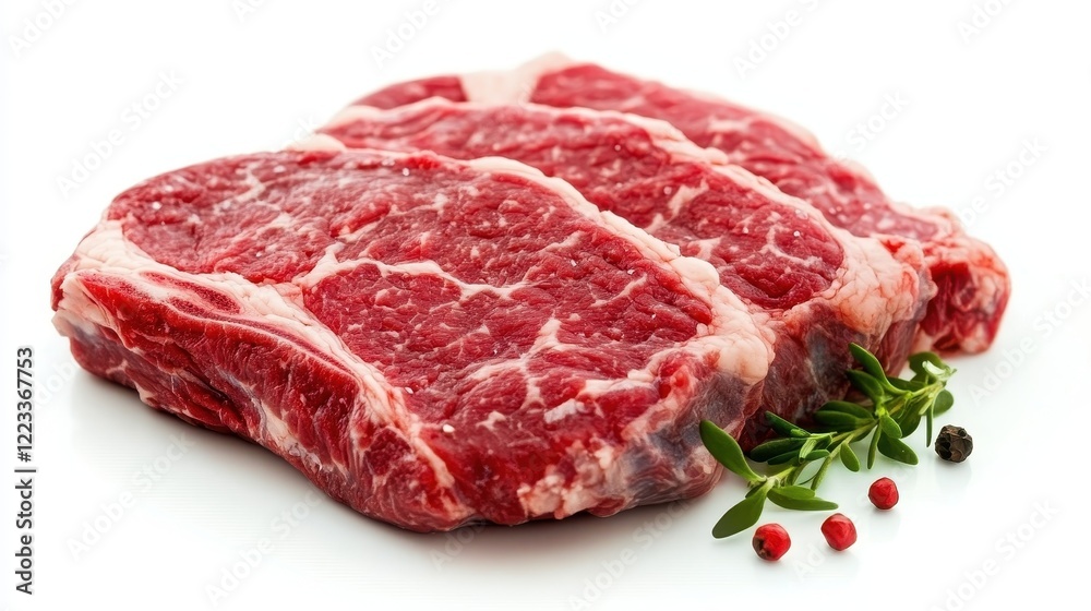 Fresh Raw Beef Cuts with Herbs and Spices on White Background Fresh Raw Beef Cuts with Herbs and Spices on White Background