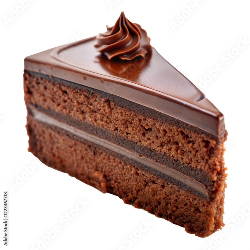 Delicious chocolate cake slice showcasing multiple layers of rich frosting and cake on a white background in a dessert context