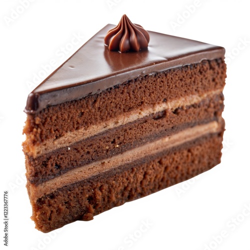 Delicious chocolate cake slice showcasing multiple layers of rich frosting and cake on a white background in a dessert context