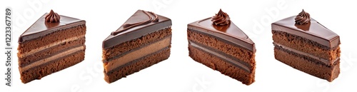 Delicious chocolate cake slice showcasing multiple layers of rich frosting and cake on a white background in a dessert context