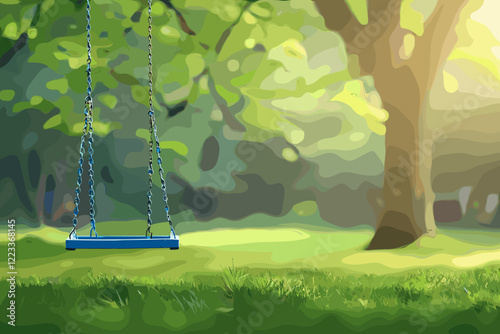 Solitary Blue Swing in Empty Park with Blurred Green Background