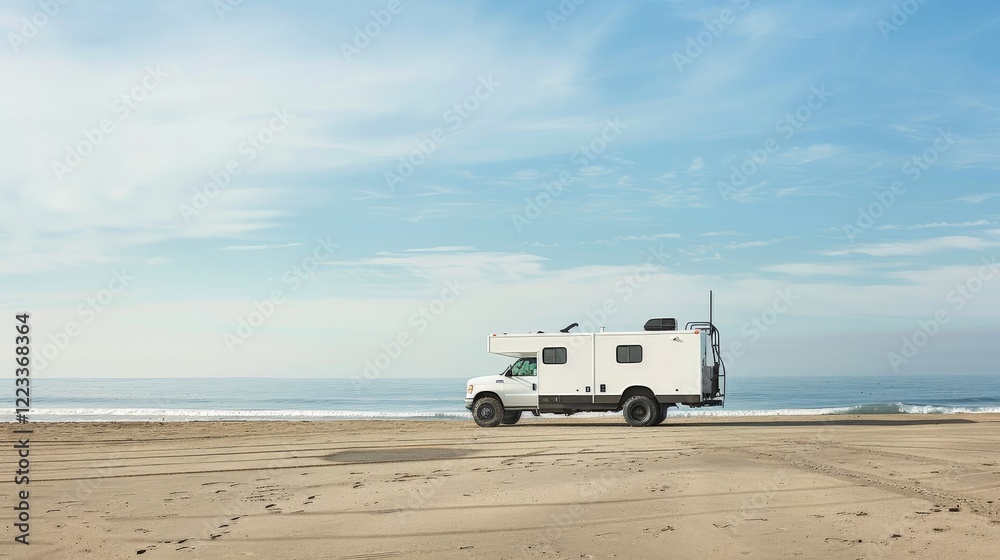 White camper van on sunny beachfront with ocean and blue sky in background White camper van on sunny beachfront with ocean and blue sky in background