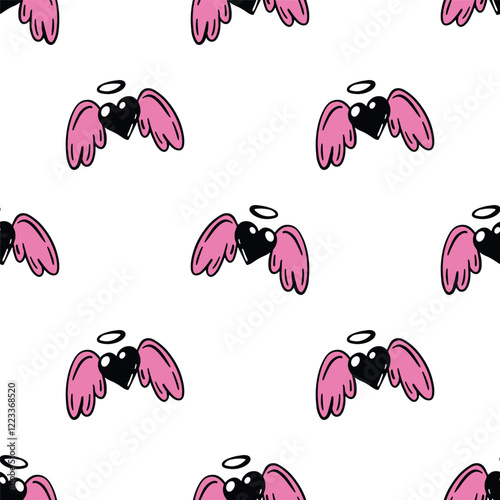 seamless pattern of doodle black hearts with pink wings and nimbus on white background, romantic valentines day texture