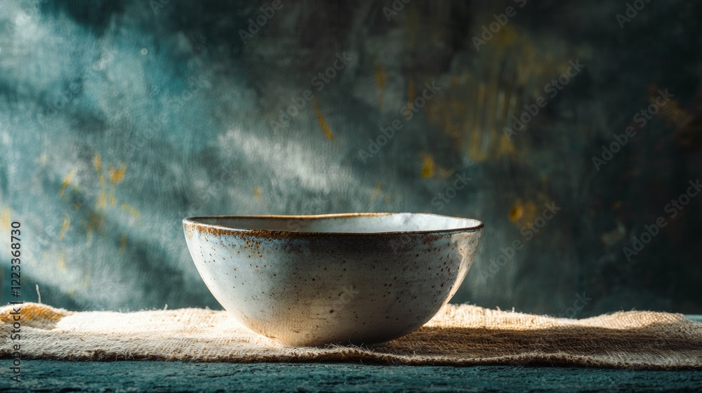 Rustic bowl on a textured wooden table with atmospheric lighting Rustic bowl on a textured wooden table with atmospheric lighting