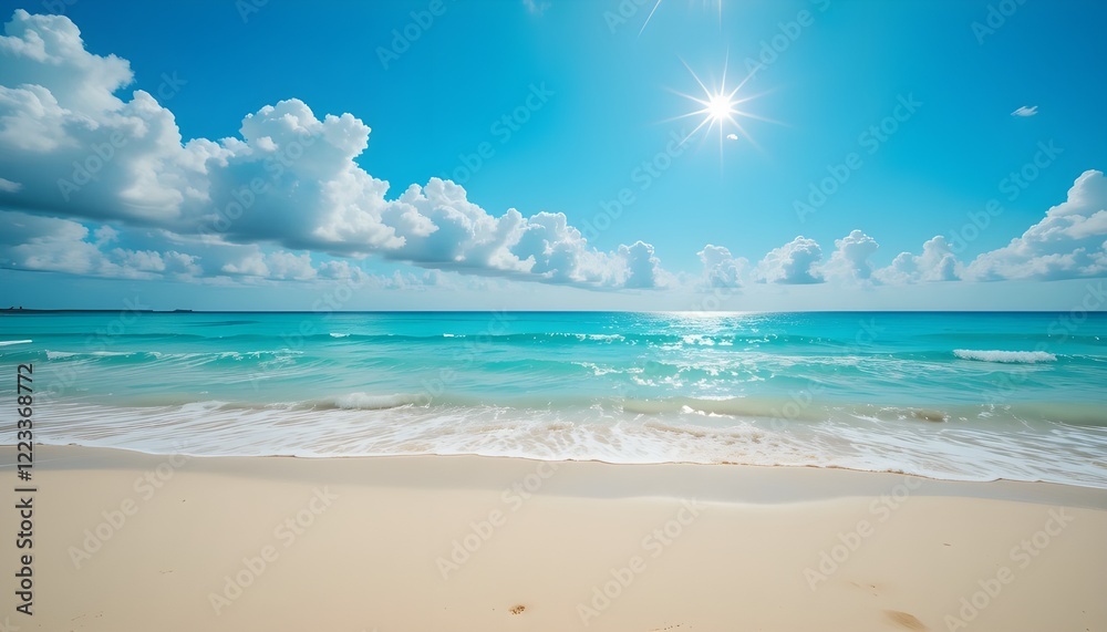 A vibrant, idyllic beach scene. A wide expanse of light beige sand meets a calm, turquoise-blue ocean. Small, foamy white waves gently roll onto the shore. A clear, vibrant blue sky is filled A vibrant, idyllic beach scene. A wide expanse of light beige sand meets a calm, turquoise-blue ocean. Small, foamy white waves gently roll onto the shore. A clear, vibrant blue sky is filled