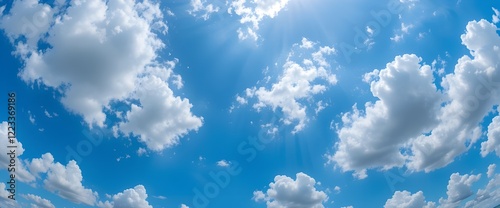 A wide shot of a partly cloudy sky.  The sky is a vibrant, clear blue, with scattered, puffy white clouds of various sizes and shapes.  The clouds are concentrated in the middle and upper portions photo