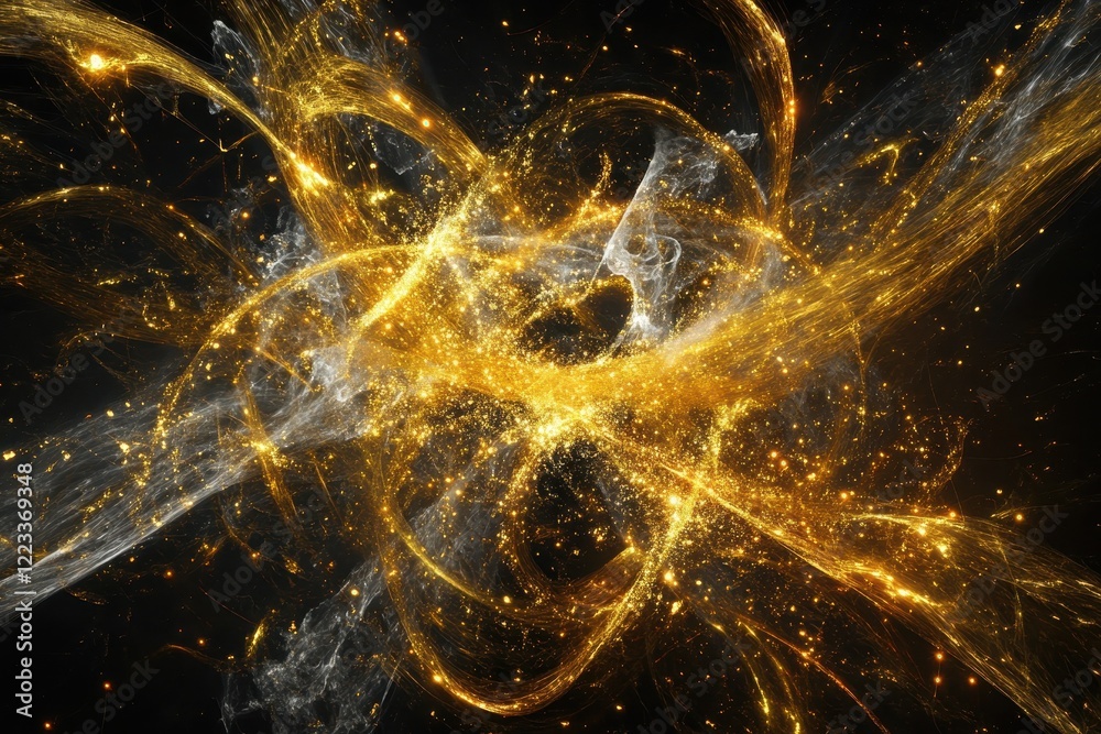Obraz premium A vibrant, abstract explosion of golden light and swirling patterns against a dark background, evoking a sense of energy and movement.