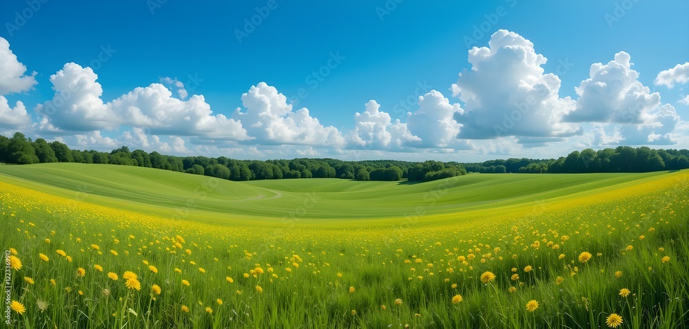 Fototapeta premium Panoramic landscape of a grassy meadow, vibrant green with scattered yellow dandelion flowers. Rolling hills in the mid-ground gently ascend towards a line of lush, full green trees. Clear, vibrant 