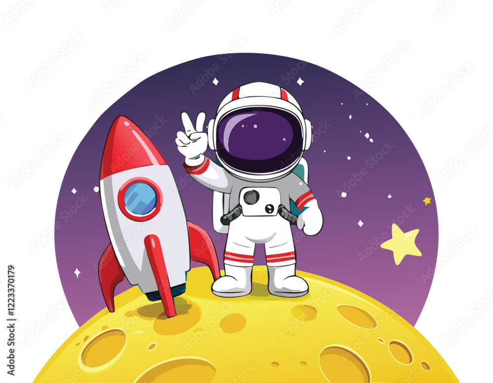 Fototapeta premium Astronaut Waving Hand to Rocket flat Cartoon Vector design, and Cute Cartoon Astronaut Riding Rocket and Waving Vector.