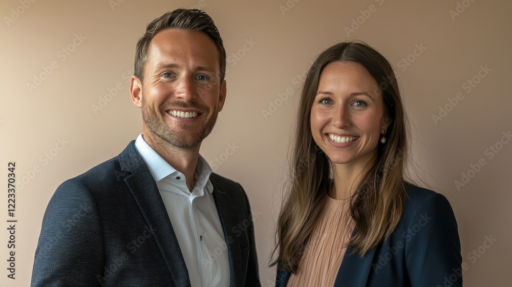 Smiling Professional Couple Posing for Portrait with Neutral Background