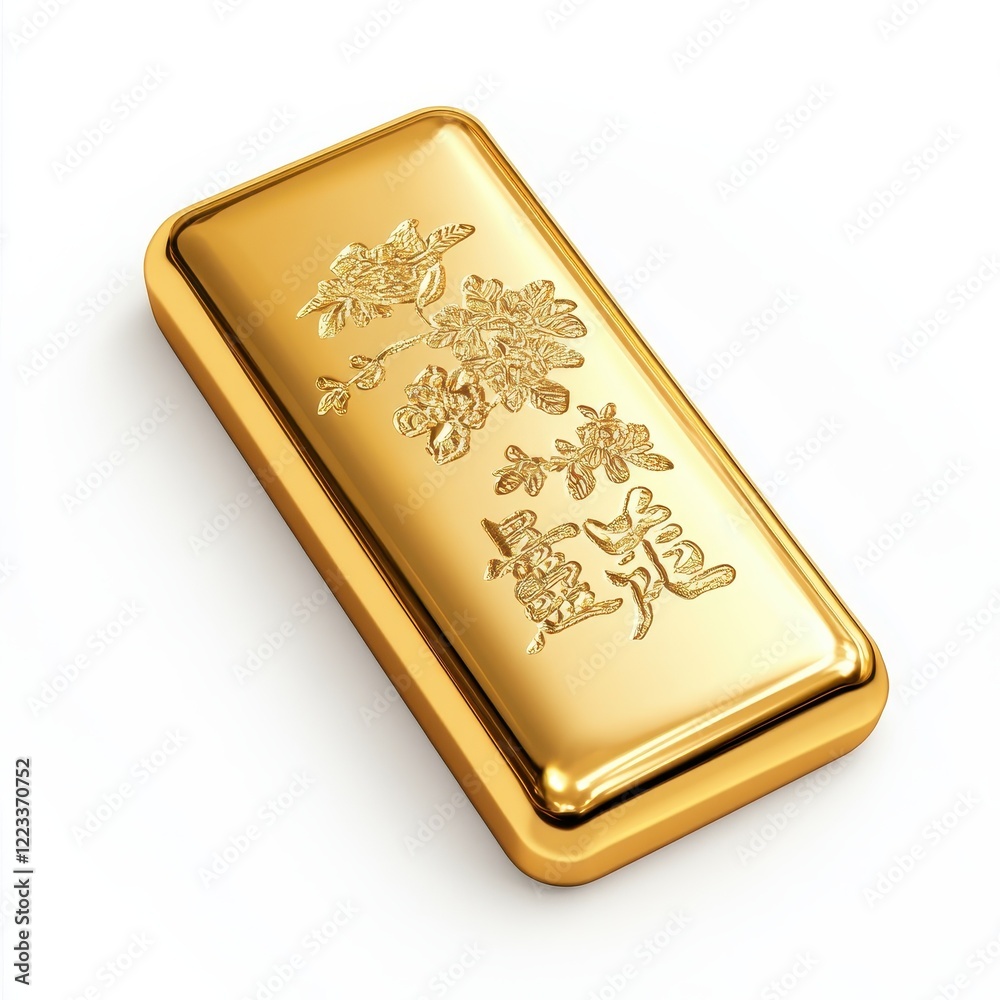 A shiny gold bar featuring intricate engravings, symbolizing wealth and luxury, rests on a plain background. A shiny gold bar featuring intricate engravings, symbolizing wealth and luxury, rests on a plain background.