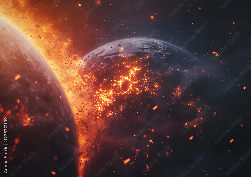 Fototapeta premium Fiery Meteor Collision with Earth Captured from Space