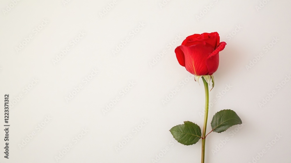 Single Modern Rose With Two Leaves On Plain Backdrop. Single Modern Rose With Two Leaves On Plain Backdrop.