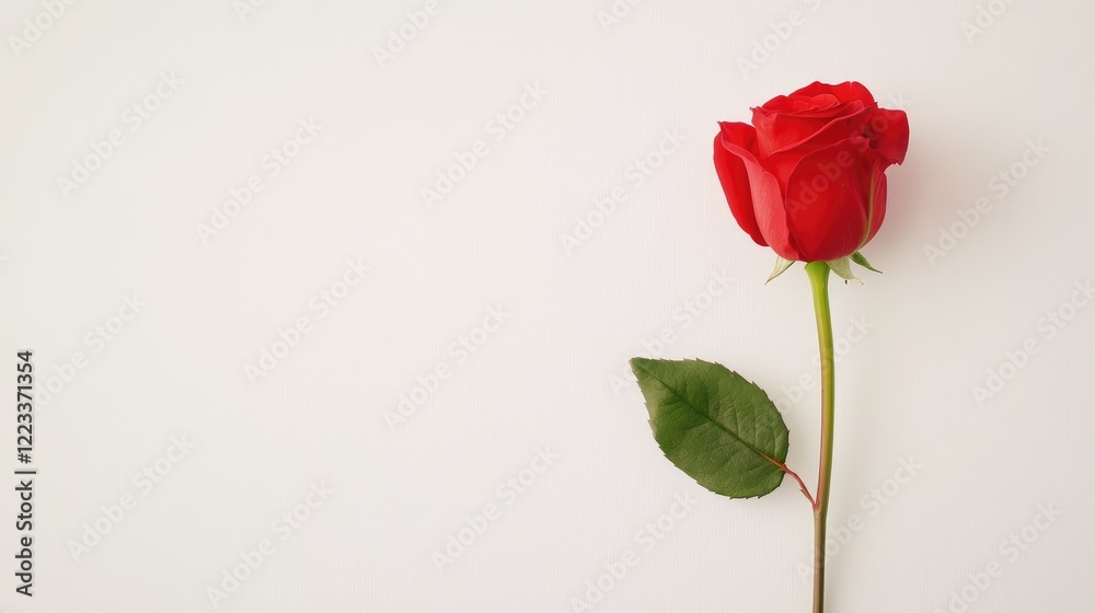 Fototapeta premium Elegant Red Rose Contrasting Softly With White Expanse.