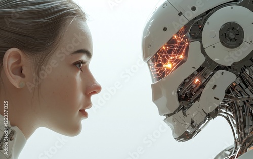 Humanoid and Woman: A captivating close-up reveals a young woman's profile, intensely gazing at a sophisticated humanoid robot.  The robot's internal mechanisms glow with an internal light. photo