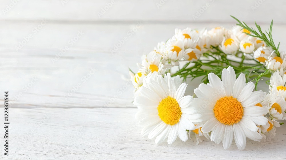 Obraz premium Delicate white daisy flower wreath lying on a rustic white wooden table in bright natural light.