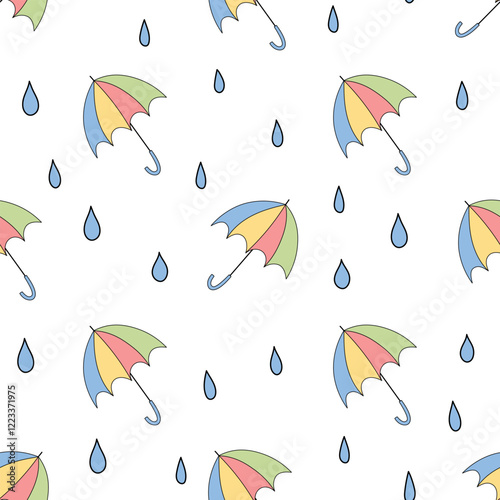 doodle cartoon style seamless pattern with raindrops and colorful umbrella on a white background