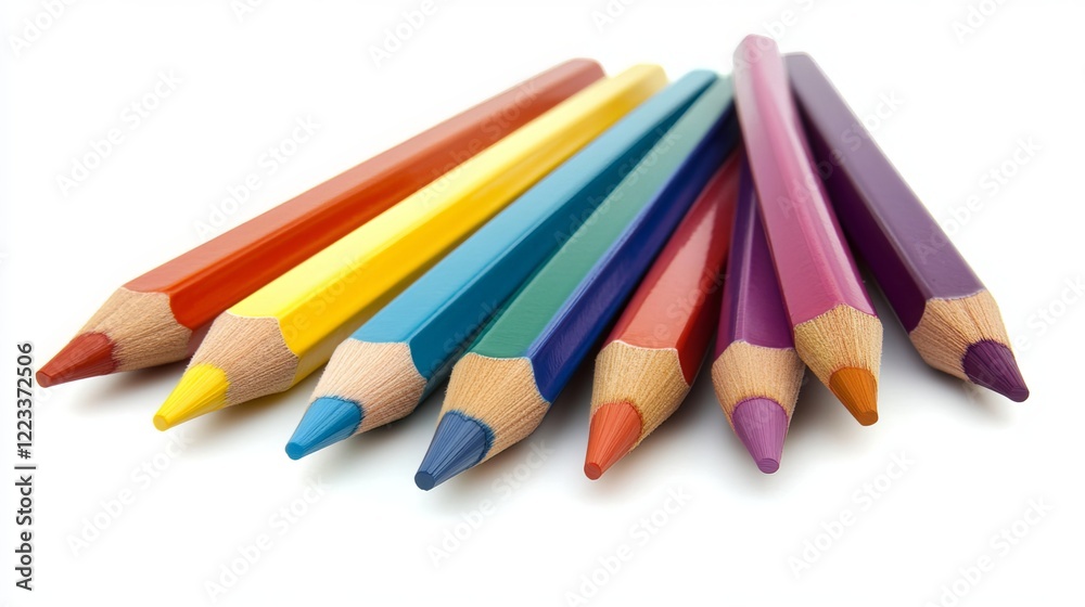 Vibrant wooden coloring pencils rest against a pristine white backdrop. Their vibrant hues create a captivating display, inviting you to unleash your creativity Vibrant wooden coloring pencils rest against a pristine white backdrop. Their vibrant hues create a captivating display, inviting you to unleash your creativity