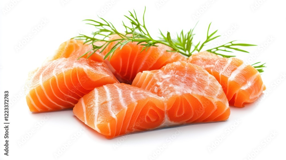 Fresh Salmon Fillets with Green Dill Leaves on White Background Fresh Salmon Fillets with Green Dill Leaves on White Background