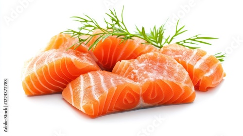 Fresh Salmon Fillets with Green Dill Leaves on White Background