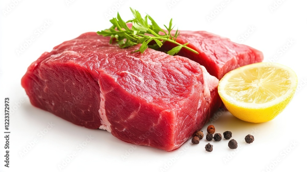 Fresh Raw Beef Steak with Lemon Slice and Green Herbs on White Fresh Raw Beef Steak with Lemon Slice and Green Herbs on White