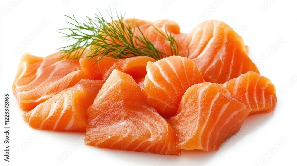 Fresh Raw Salmon Slices with Green Dill Herb on White Background Fresh Raw Salmon Slices with Green Dill Herb on White Background
