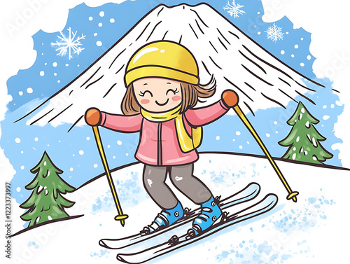 Wallpaper Mural a girl playing ski with snow mountain view illustration cartoon Torontodigital.ca
