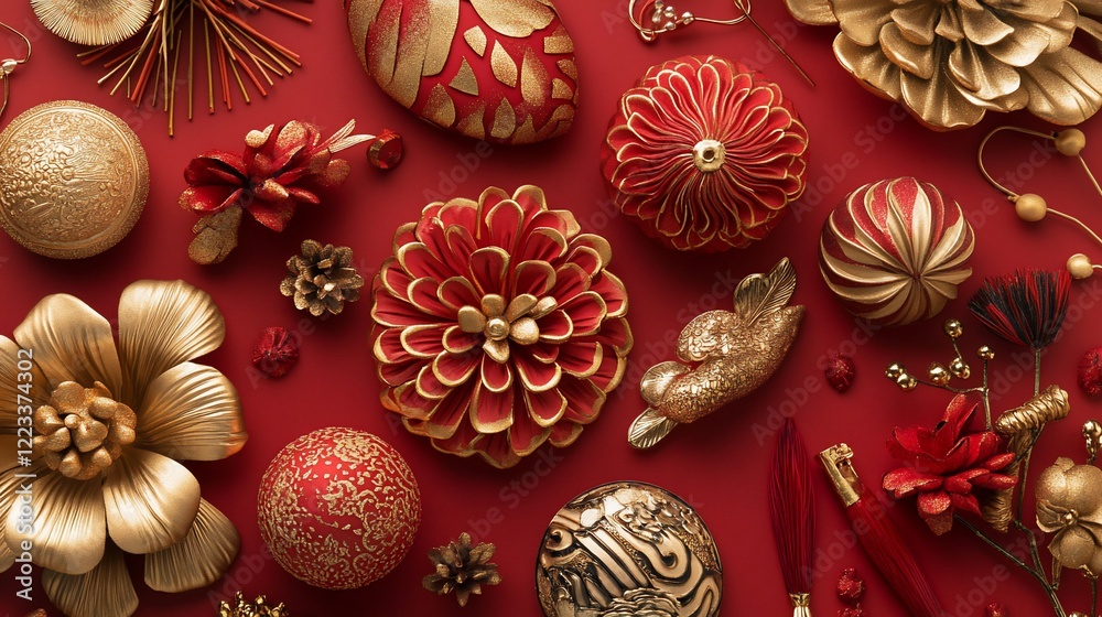 Red gold festive decorations flatlay; New Year's background Red gold festive decorations flatlay; New Year's background