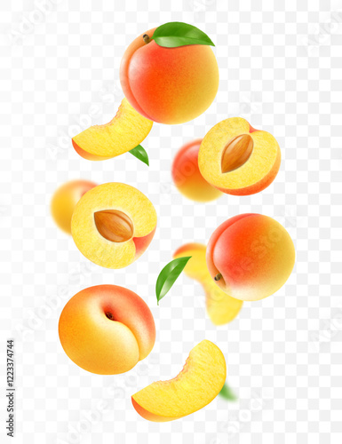 Flying ripe apricot. Bright advertising background falling juicy sweet peach, realistic illustration with blurred effect. 3d vector design for advertising banners and web page design