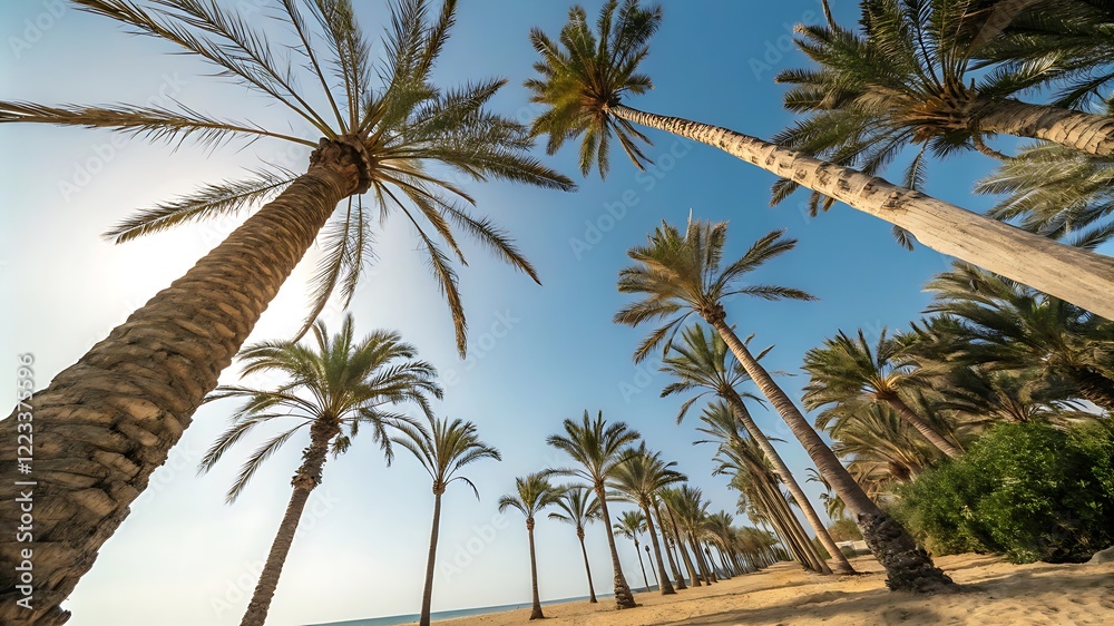 Obraz premium Palm trees in summer on a beach from bottom to top view