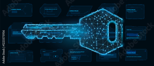 Electronic digital access key with codes, passwords and security files. Individual reliable protection system. Cyber banner with digital key hologram. Digital security concept