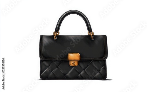 A monochrome vector illustration of a vintage leather handbag with a quilted design and gold-tone accents