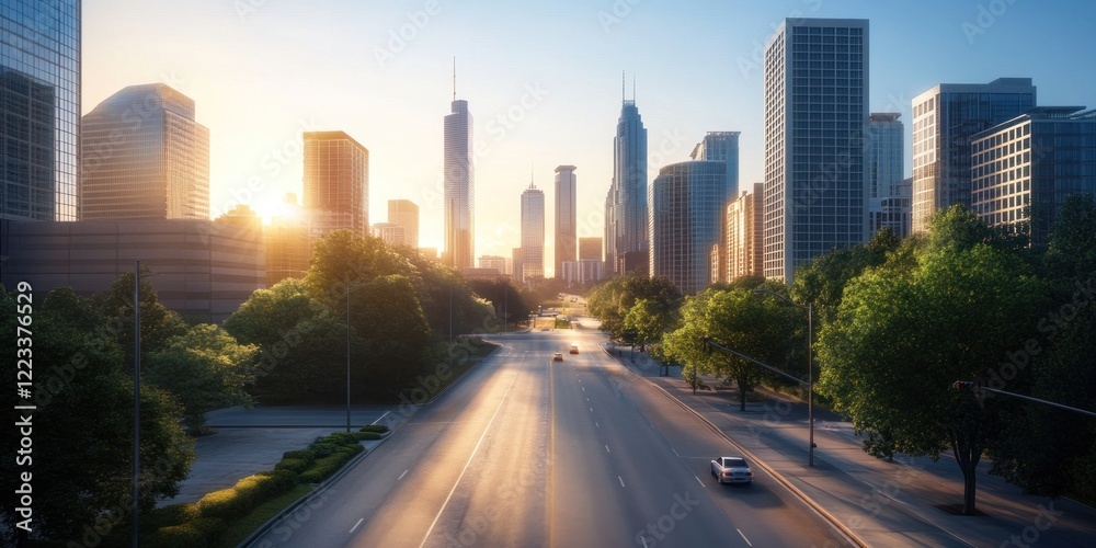 Fototapeta premium Sunrise Cityscape: A Tranquil Morning in the Urban Jungle