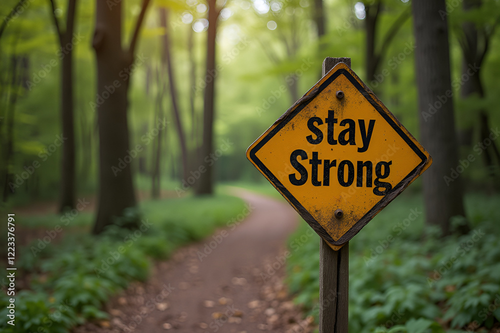 A motivational sign with 'stay strong' on a forest path, symbolizing resilience A motivational sign with 'stay strong' on a forest path, symbolizing resilience