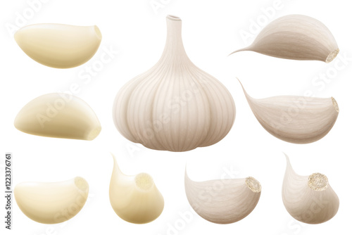 Garlic set. Whole garlic head, peeled and unpeeled cloves isolated on white background. Spice ingredient for cooking or spice and condiment product package design. Realistic 3d vector