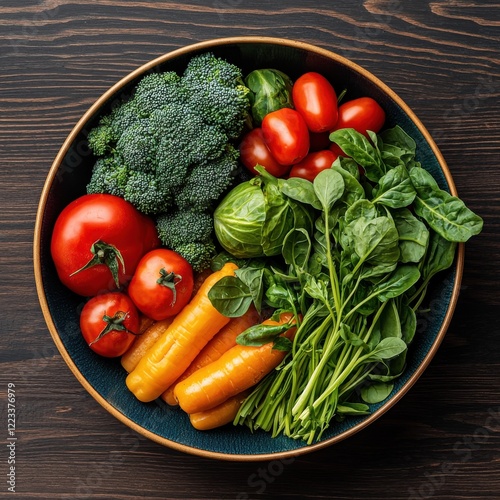 Healthy eating action colorful plate of fresh fruits and vegetables on wooden table bright natural light birdseye view