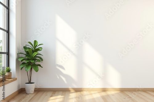 Wallpaper Mural Sunlight streams through a large window, illuminating a spacious room with warm wooden flooring and a vibrant indoor plant in a white pot, creating a peaceful atmosphere Torontodigital.ca