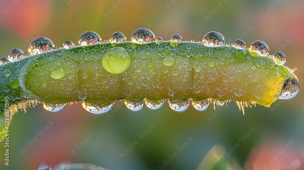 Obraz premium Dewdrops on plant stem, sunrise, garden, macro