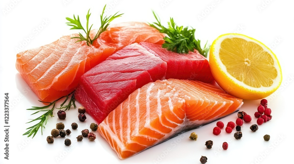 Fresh Assortment of Raw Fish Fillets with Lemon and Herbs Fresh Assortment of Raw Fish Fillets with Lemon and Herbs