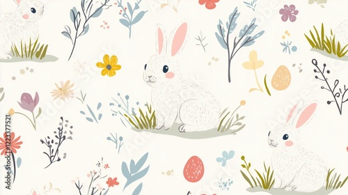 Easter seamless pattern with bunny, flowers, branch and grass