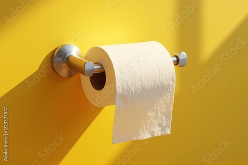 A bright yellow bathroom wall contrasts with a modern toilet paper holder. The neatly hung roll of toilet paper gracefully hangs down, adding a touch of simplicity and functionality