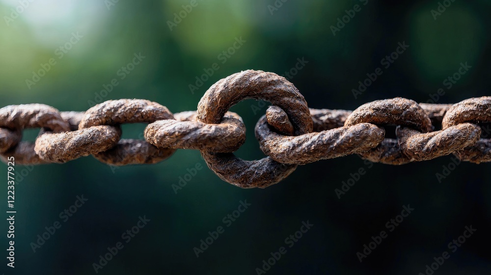 Rusty chain links close-up, blurred green background, strength concept, industrial use Rusty chain links close-up, blurred green background, strength concept, industrial use