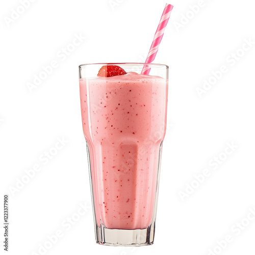 Delicious strawberry smoothie in a glass with a pink straw isolated on Transparent background, Smoothie with Straw Isolated on a White Background