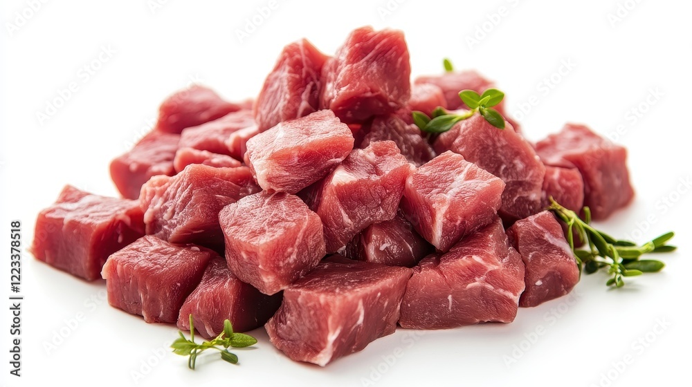 Fresh Cubes of Raw Beef with Green Thyme Garnish on White Background Fresh Cubes of Raw Beef with Green Thyme Garnish on White Background