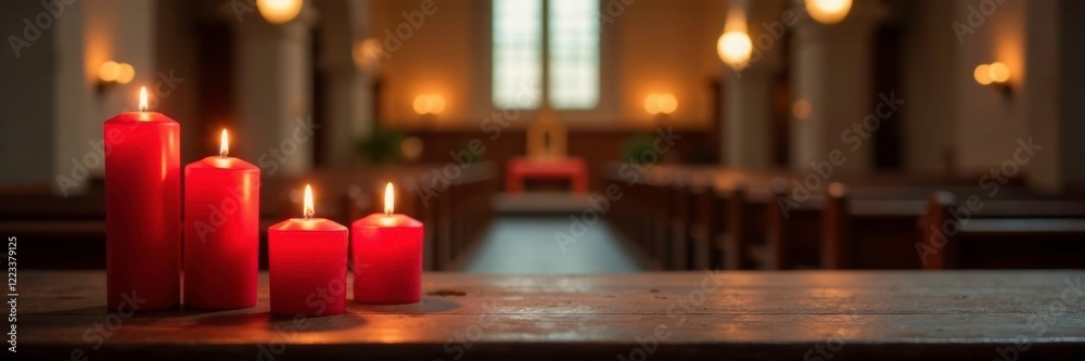 Red candles on a wooden table in front of a church, serene, church, lit Red candles on a wooden table in front of a church, serene, church, lit
