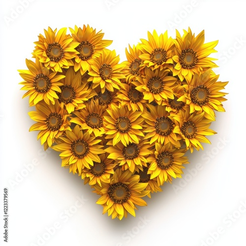 3D icon cartoon of a heart made of sunflowers, vibrant yellow petals surrounding the shape, isolated on a white background 