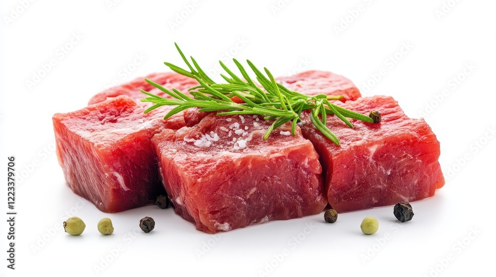 Fresh Red Meat Cubes with Herbs and Spices on a White Background Fresh Red Meat Cubes with Herbs and Spices on a White Background