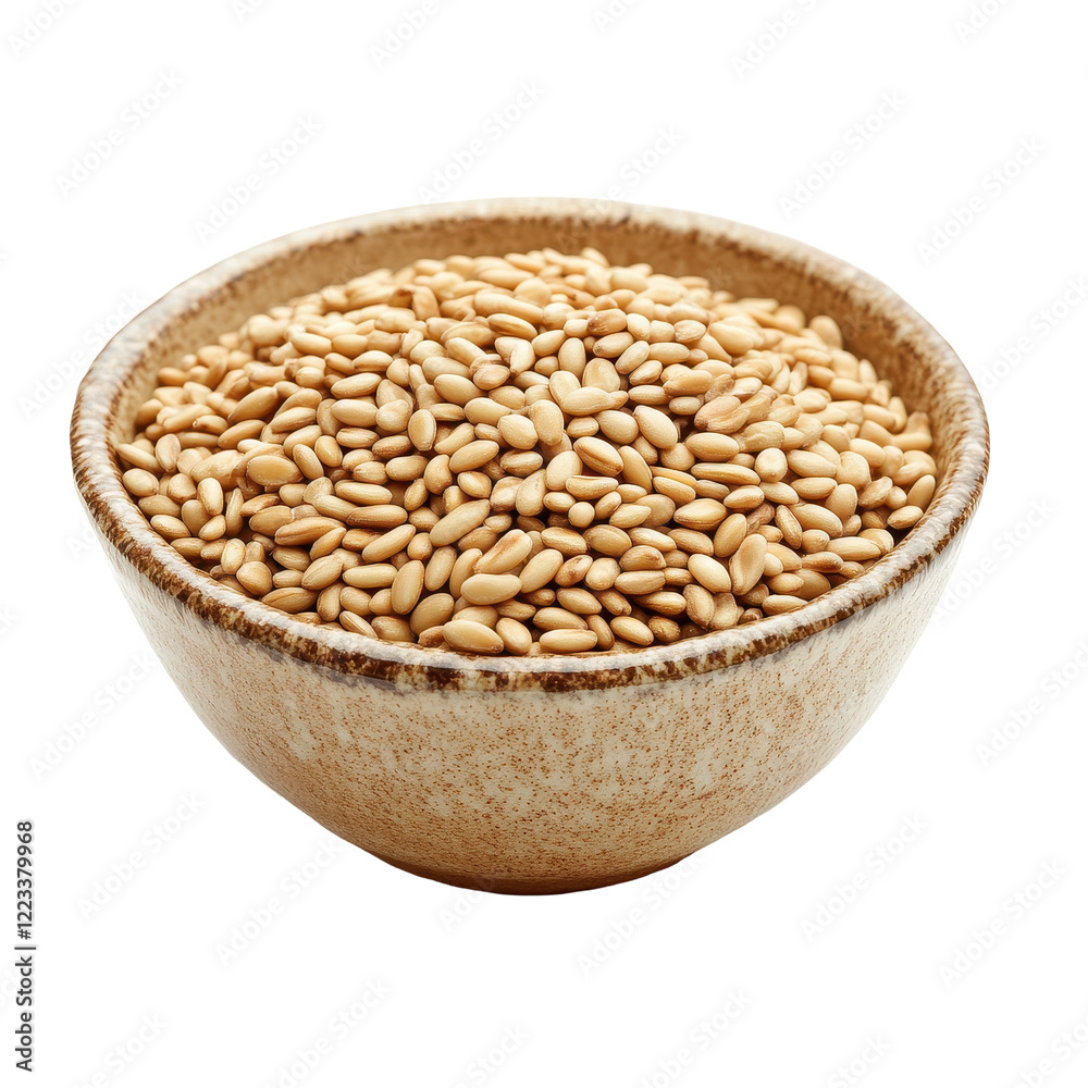Sesame seeds in a rustic bowl isolated on a clean Transparent background, sesame in a bowl isolated on PNG background Sesame seeds in a rustic bowl isolated on a clean Transparent background, sesame in a bowl isolated on PNG background