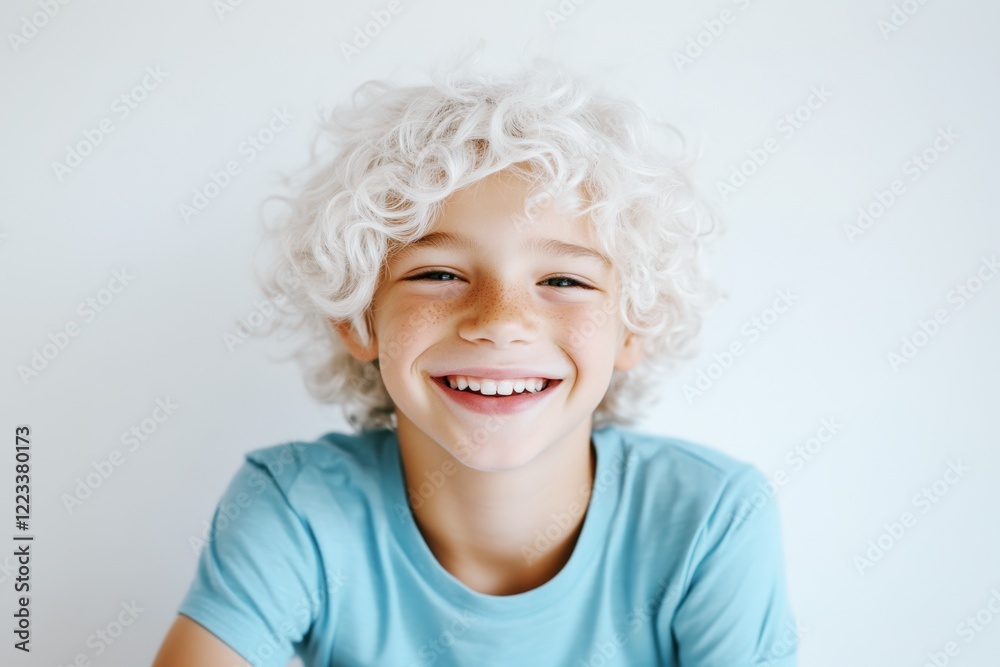 smiling boy with white curly hair in blue t-shirt against light background, advertisement banner smiling boy with white curly hair in blue t-shirt against light background, advertisement banner