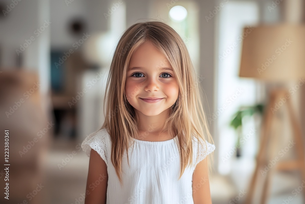 smiling young 6 year old girl in white dress standing at home